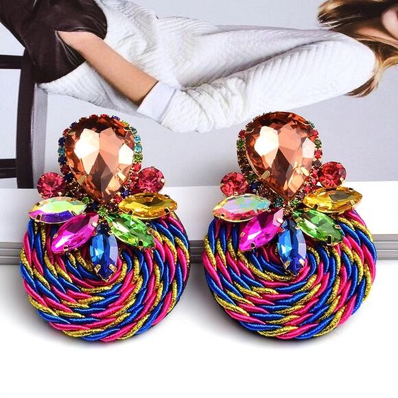 Multicolor Ethnic Boho Rhinestone Statement Earrings‎ with Gold Wrap Acce… - Picture 7 of 9